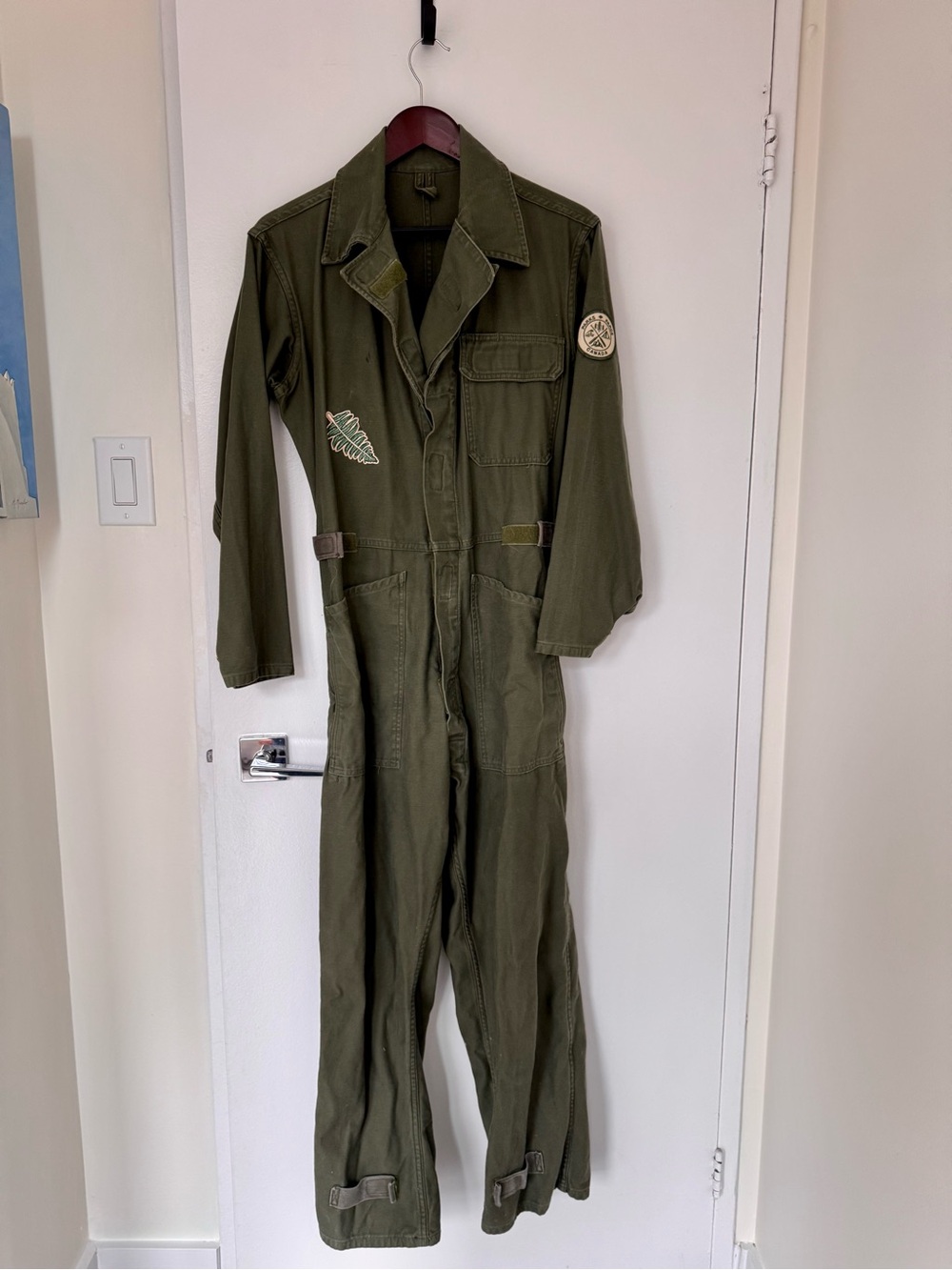 Vintage Olive Utility Flight Jumpsuit with Patch Accents